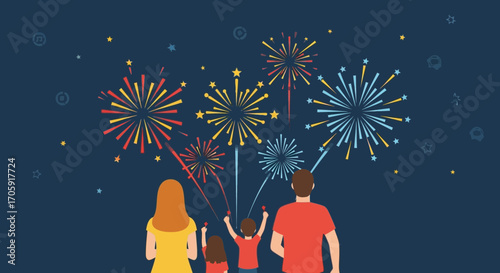 Family Watching Fireworks Display, Celebrating Special Occasion with Sparkles and Joy