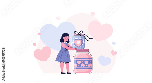 Girl Placing Gift On a Jar Filled With Symbolic Romantic Love and Affection