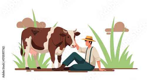Farmer and Cow enjoying a Moment of Peace and Connection on a Sunny Day Farming