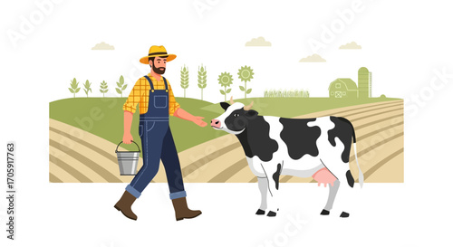 Farmer And Cow Interacting In Rural Field Illustration, Agricultural Farming Concept