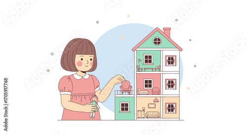 Girl Playing With Her Dollhouse: An Enchanting Illustration of Childhood Imagination