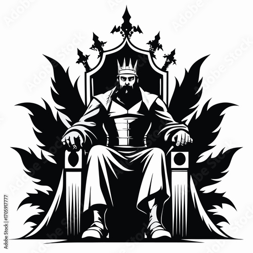 Silhouette of a regal bearded king wearing a crown upon an ornate throne in black and white