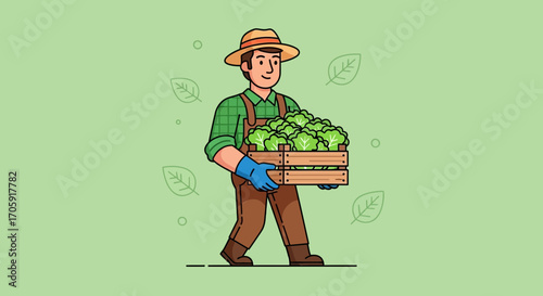Farmer Carrying A Wooden Crate Filled Of Fresh Harvested Green Vegetables For Sale