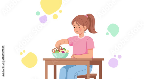Girl Reaching For Healthy Snacks From Bowl On Table Smiling Enjoying Mealtime