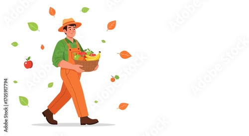 Farmer Carries Fruit Basket Through Leaves, Delivering Fresh Produce From Harvest