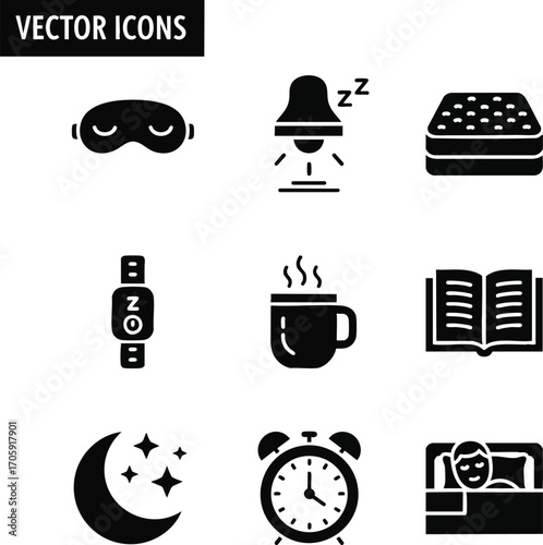 Essential vector icons for sleep and relaxation, featuring a sleep mask, mattress, and alarm clock