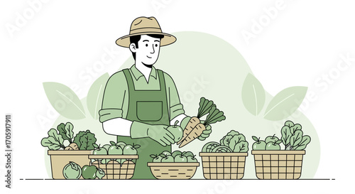 Farmer Displaying Harvested Vegetables, Baskets Overflowing with Produce, Organic Lifestyle