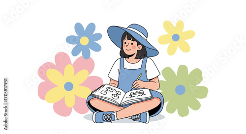 Girl Sketching Flowers Outdoors: A Peaceful Illustration of Artistic Exploration and Nature