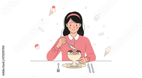 Girl Savors an Ice Cream Sundae Delightfully Depicted with Minimalist Illustration