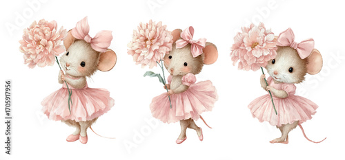 Cute little mice in pink skirts holding a flower in their paws. Girl mice in pink skirts, pointe shoes, and a bow on their heads holding a large pink flower. Cartoon children's characters.
