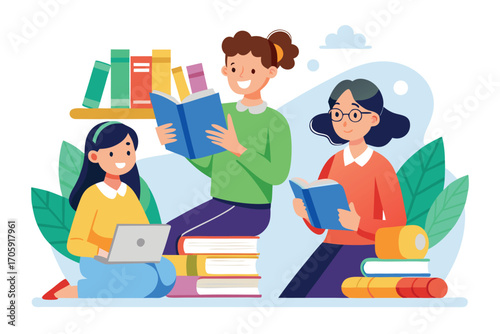 Three young women reading books and using a laptop are studying happily