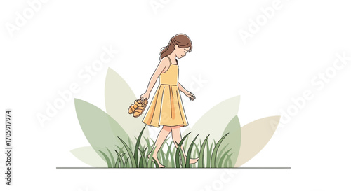 Girl Walking Through Grass With Sandals In Peaceful and Relaxing Illustrated Scene