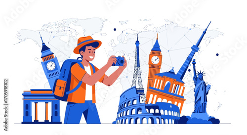 Globetrotter Capturing Landmarks Worldwide Representing International Travel Experiences