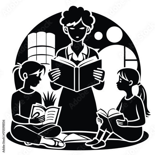 African American teacher reads aloud while two students listen attentively within monochrome style