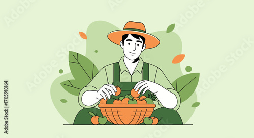 Farmer Harvesting Fresh Fruits and Vegetables from the Organic Garden in Summer Season