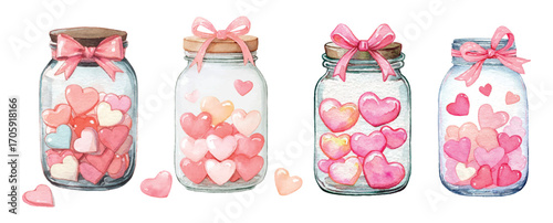 Watercolor jars with pink hearts. Glass jars with lids inside which are pastel hearts. Symbols of love. Watercolor cute element for Valentine's Day and romantic designs. Vector illustration.
