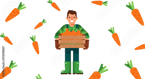Farmer Harvesting Fresh Carrots Smiling Happily Amidst A Bountiful Vegetable Crop