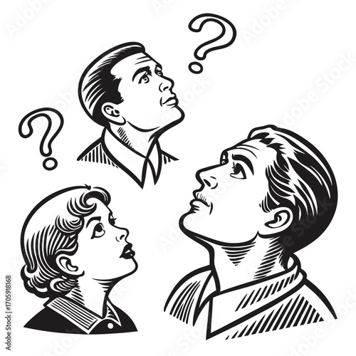 Two men and a woman are looking up at floating question marks with curiosity