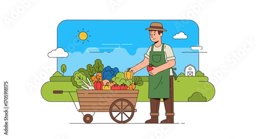 Farmer Harvesting Fresh Vegetables From Garden In Vibrant Cartoon Illustration