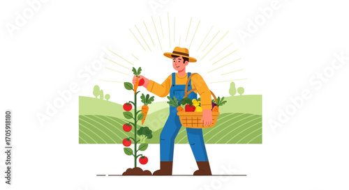 Farmer Harvesting Fresh Vegetables From Garden Illustrating Healthy Eating and Organic Produce