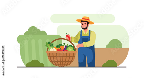 Farmer Harvesting Fresh Vegetables, Bringing Nature's Bounty Into a Wicker Basket