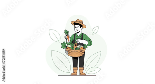 Farmer Harvesting Fresh Vegetables From Garden With Basket And Showing Carrot