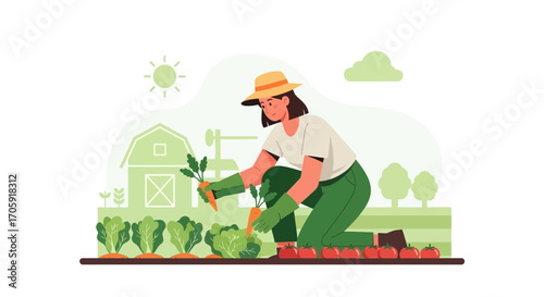 Farmer Harvesting Vegetables in a Sunny Field Agricultural Illustrations, Green Colors