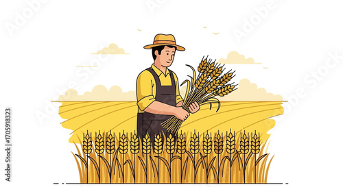 Farmer Harvesting Wheat In A Field Under Sunlight, A depiction of agriculture