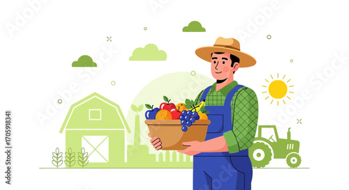 Farmer Holding A Basket Full Of Ripe Fruits Standing In Front Of A Farm