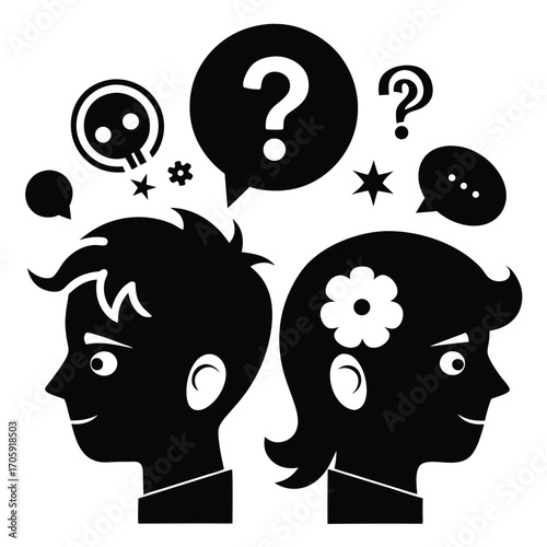 Boy and girl silhouettes face each other with thought bubbles illustrating confusion against white