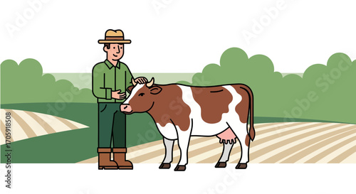 Farmer Interacting With Cow Amidst Green Fields, A Pastoral Scene Depicted in Art