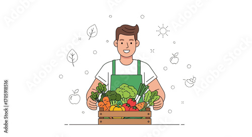 Farmer Holding Wooden Crate Full Of Fresh Vegetables And Looking At The Viewer