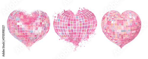 Watercolor disco hearts in the shape of a heart png. Pink disco hearts with shiny sequins painted in watercolor. Romantic heart symbols. Vintage disco elements. Vector illustration.