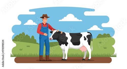 Farmer Interacting With Cow at Farm Field in Nature Scene in Vector Illustration