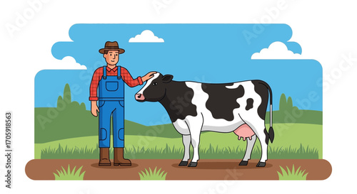 Farmer Patting Cow In A Meadow Illustrating Farm Life And Dairy Production