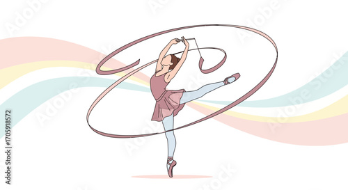 Graceful Ballerina Performing Rhythmic Dance with Ribbons, Elegant Art of Motion