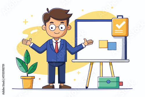 Cartoon manager presents whiteboard strategy with yellow accents and a potted plant nearby