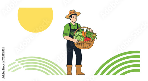 Farmer Presenting Harvest Basket of Diverse Fresh Vegetables, Showing Organic Produce Abundance