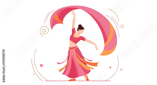 Graceful Classical Indian Dancer with Flowing Fabric in a Vibrant Composition