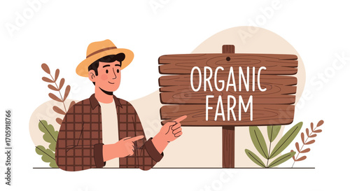 Farmer Presenting Organic Farm Sign Illustrating Nature's Bounty and Sustainable Practices