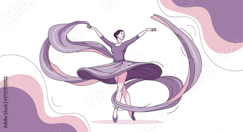 Graceful Dancer Performing With Flowing Ribbon Artistically Depicted in Purple Shades
