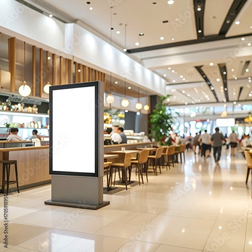 Empty advertisement display in a bustling food court