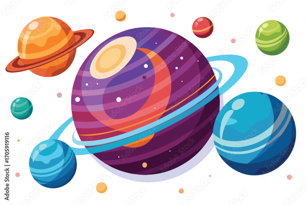Fototapeta premium Cartoon planets with ring systems and moons float on a white, transparent background