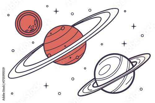 Three planets with rings surround stars and dots on a white background