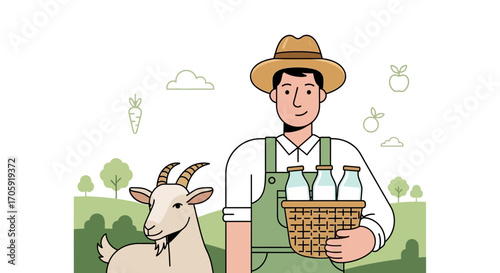Farmer With Goat Offers Fresh Milk Bottles, Illustrating Dairy Farming and Agriculture