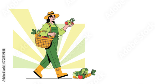 Farmer With Harvested Vegetables Walking Towards Crop, Fresh Produce, and Healthy Diet