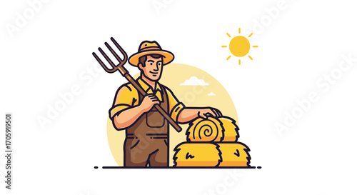 Farmer Working In Field Near Hay Bales, Embracing Rural Life, Under Bright Summer Sun