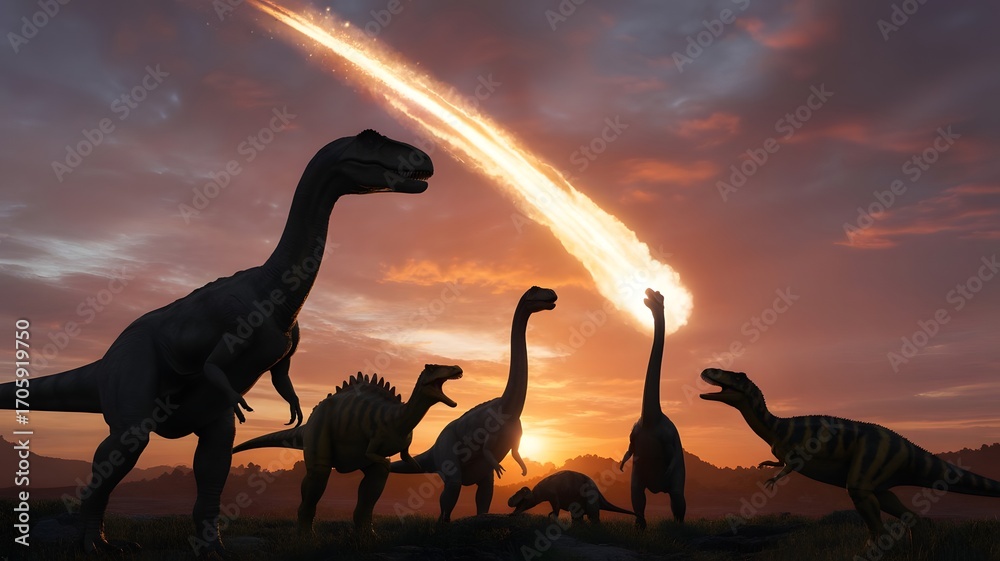 Fototapeta premium Dinosaurs watch as a meteor hurtles towards earth in a fiery display