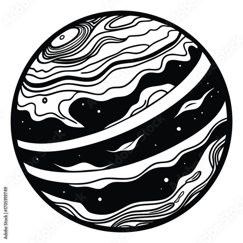 Striking black and white planet displays mesmerizing textures and a cosmic, star filled atmosphere