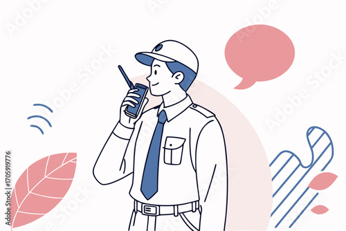 Minimal vector illustration of security guard talking on walkie talkie
